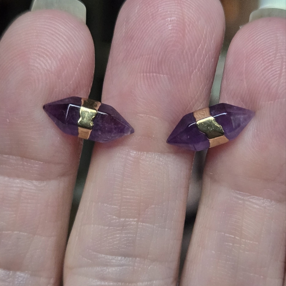 Amethyst natural crystal gemstone sterling & gold earrings - Picture 6 of 8